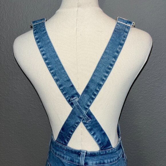 MO&Co. Blue Denim Overall Jumpsuit Front Button Bib Zip Fly Bell Bottom NWOT XS - Picture 7 of 12